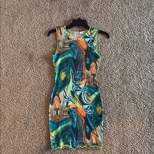 Blue and Orange Sleeveless Halter Mini Dress